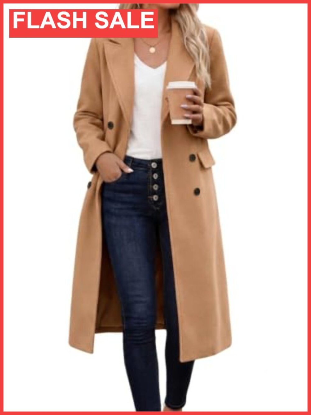 Womens Long Wool Blend Trench Coat Notch Lapel Double Breasted Pea Coat